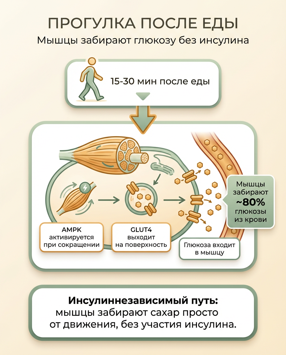 Прогулка после еды: механизм снижения глюкозы через GLUT4
