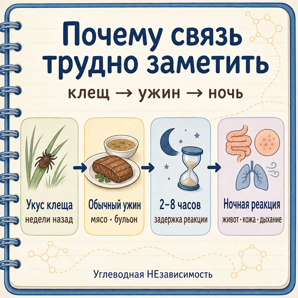 Почему связь трудно заметить: клещ, ужин, задержка 2–8 часов и ночная реакция