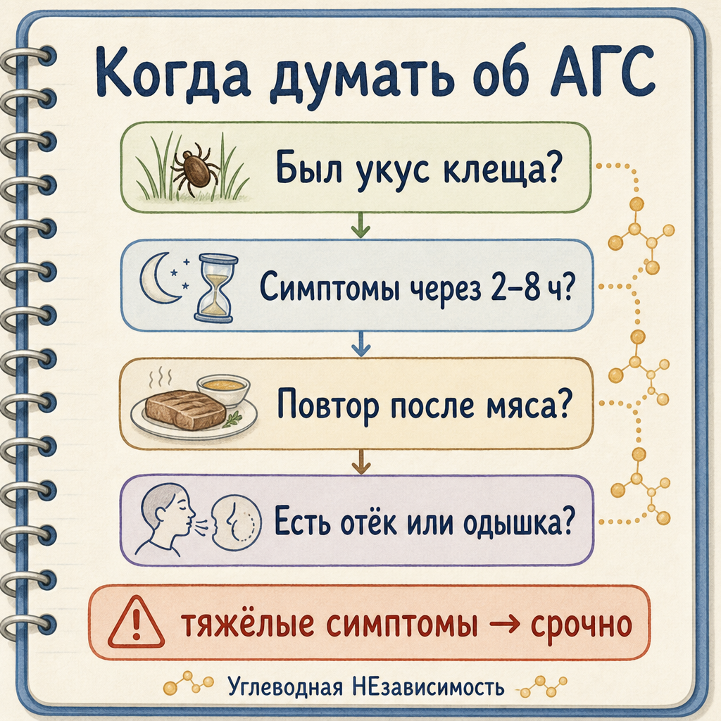 Когда думать об AGS: укус клеща, симптомы через 2–8 часов, повтор после мяса, отёк или одышка