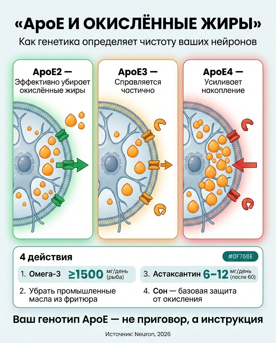 Инфографика: Окислённые жиры в мозге: почему ApoE4 — это мусорщик, который разбрасывает мусор