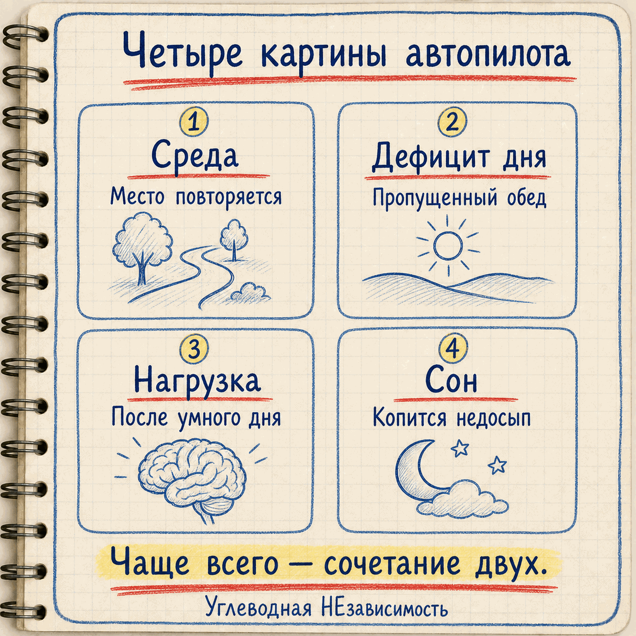 Четыре картины: среда, дефицит дня, нагрузка, сон