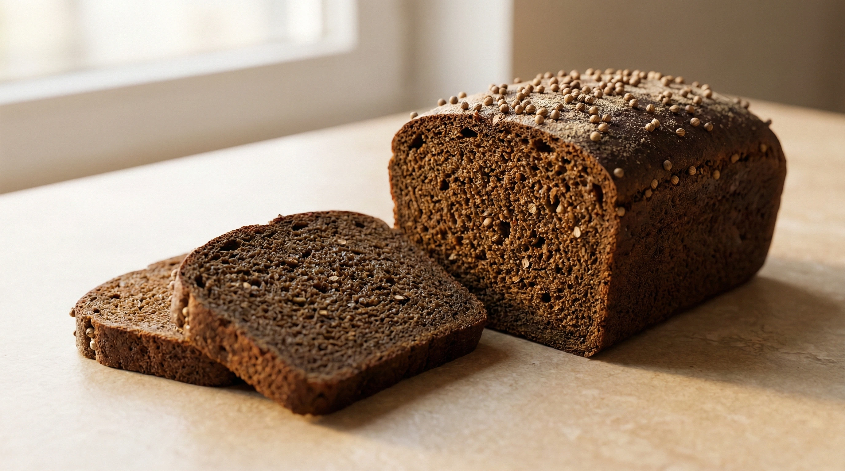 Бородинский хлеб в разрезе — плотный тёмный мякиш с кориандром