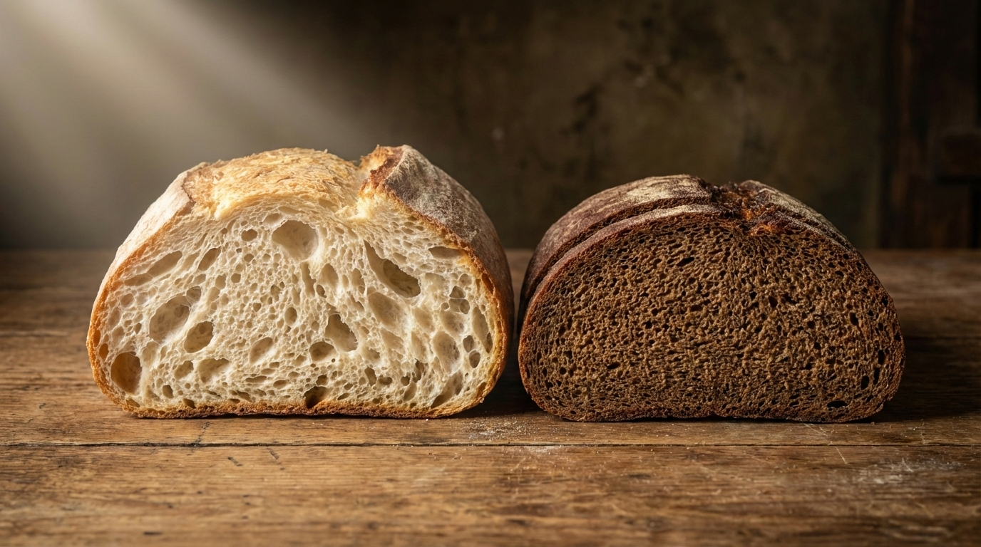 Два хлеба рядом на деревянном столе