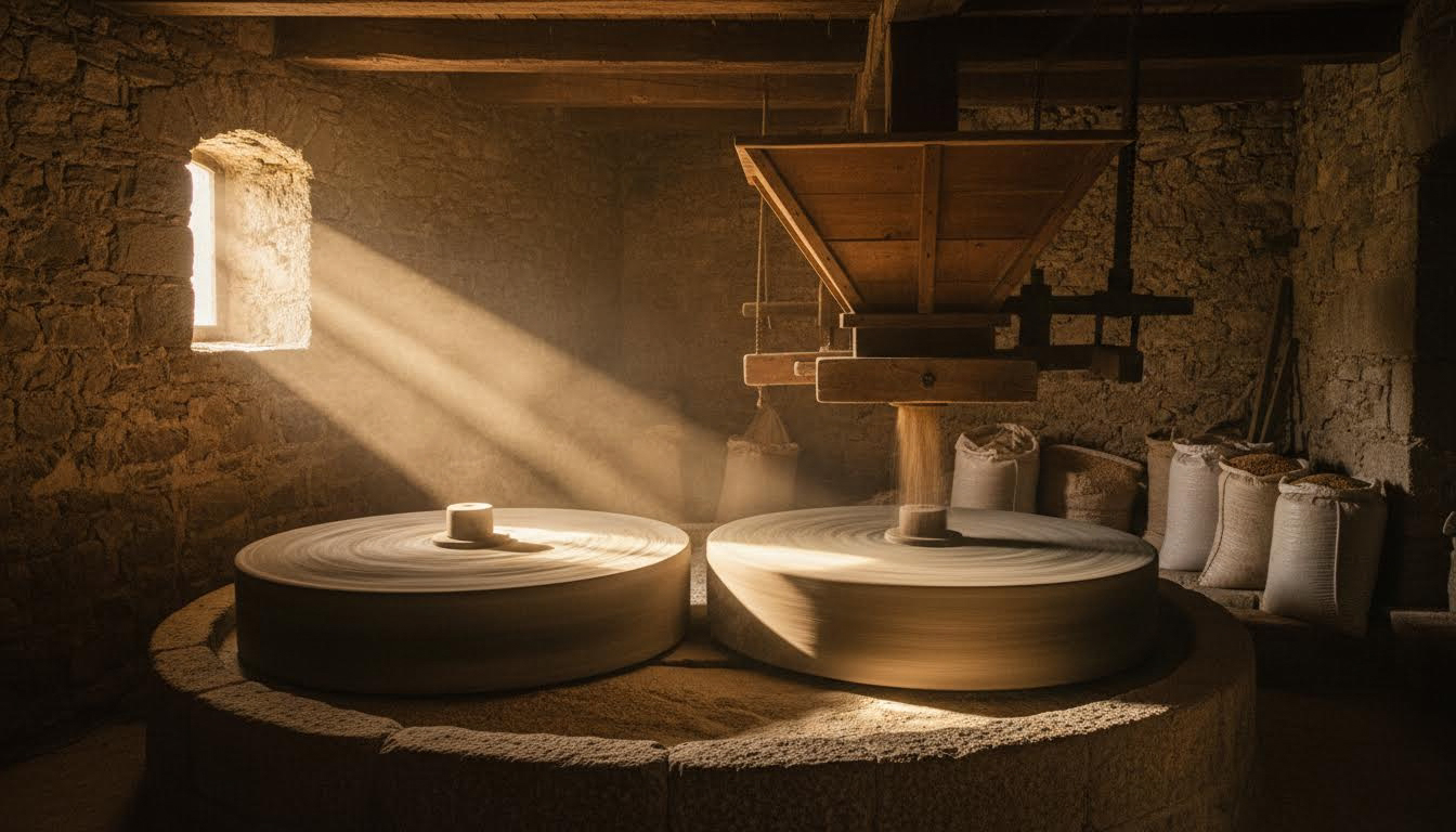 Интерьер старинной мельницы — жернова, мучная пыль, луч света