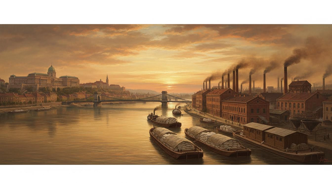 Панорама индустриального Будапешта 1870-х — Дунай, паровые мельницы, баржи
