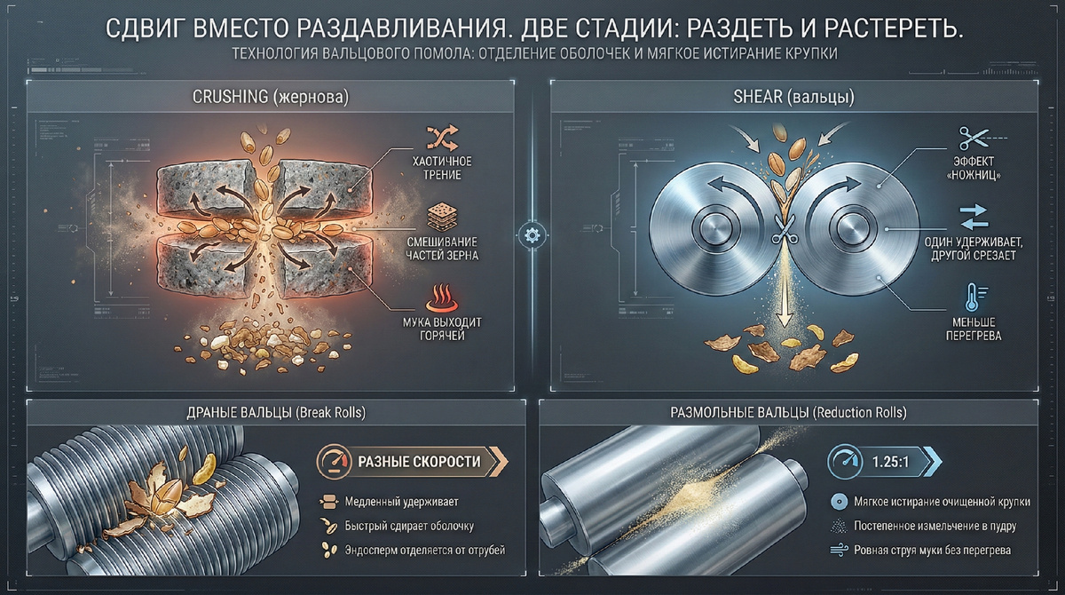 Сдвиг вместо раздавливания — две стадии: раздеть и растереть