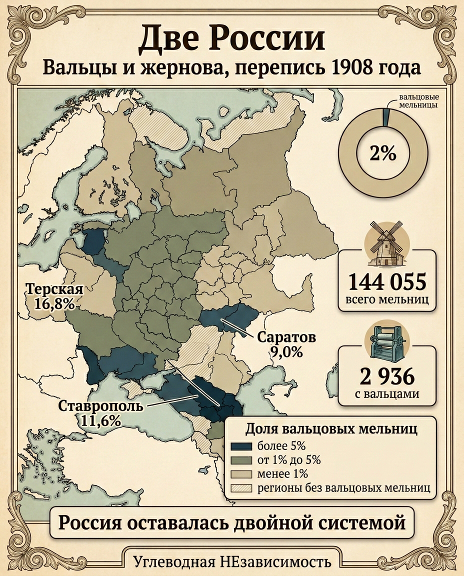 Две России: вальцы vs жернова, 1908