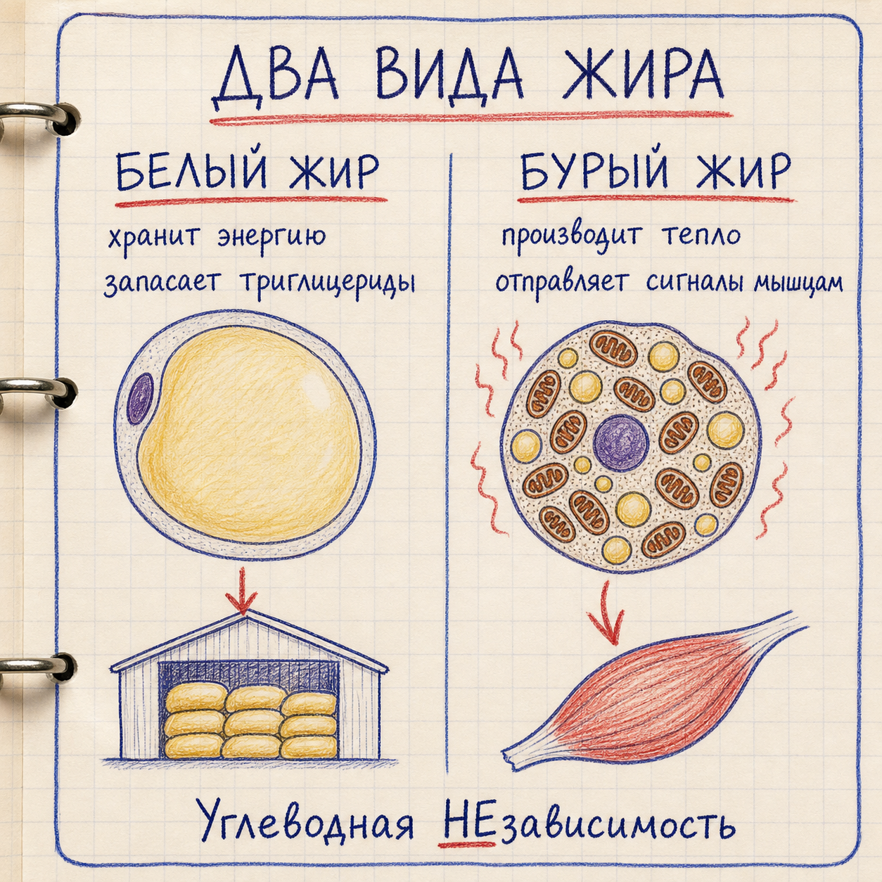 Белый жир хранит энергию, бурый жир производит тепло и сигналы