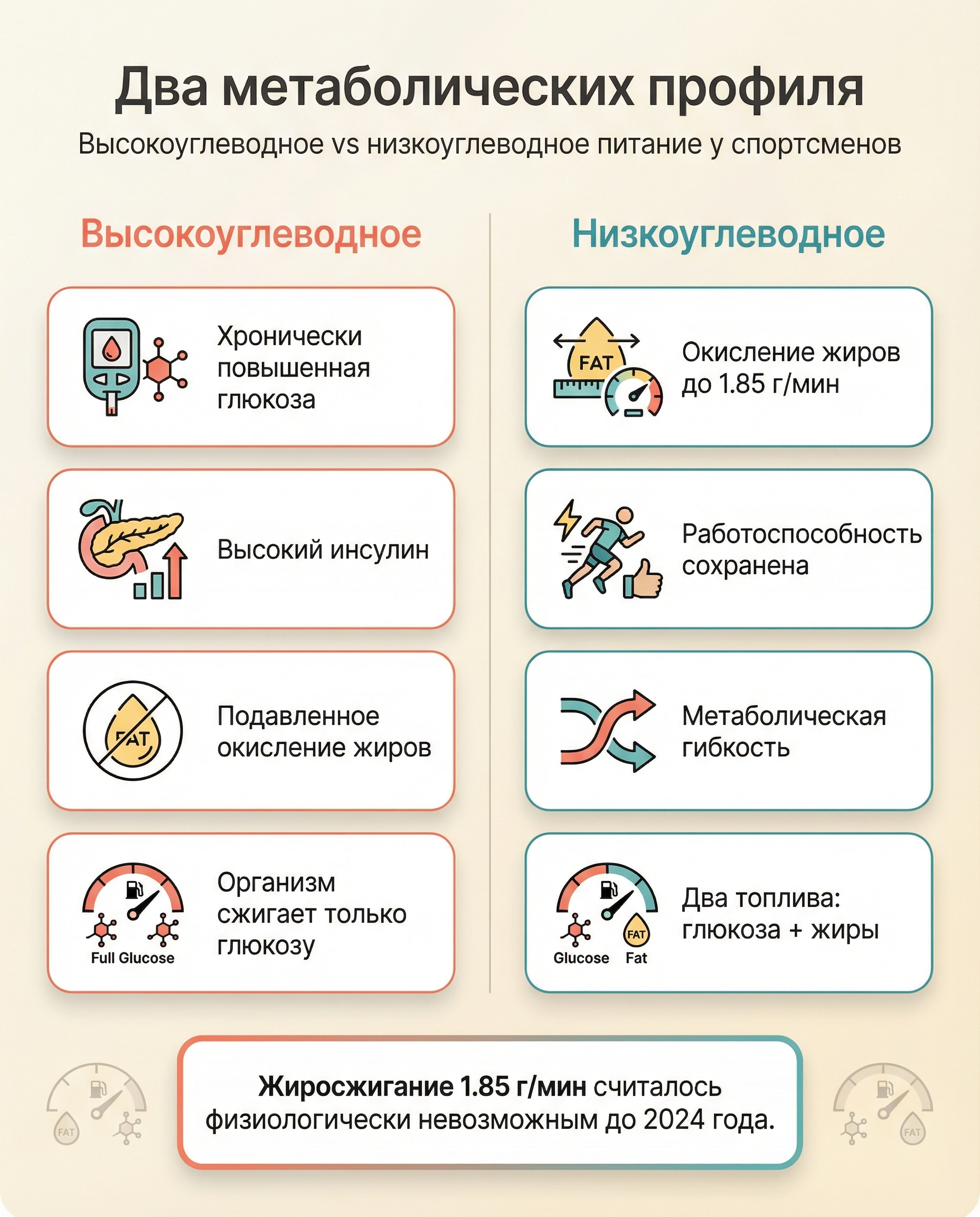 Метаболический профиль: высокоуглеводное vs низкоуглеводное питание у спортсменов