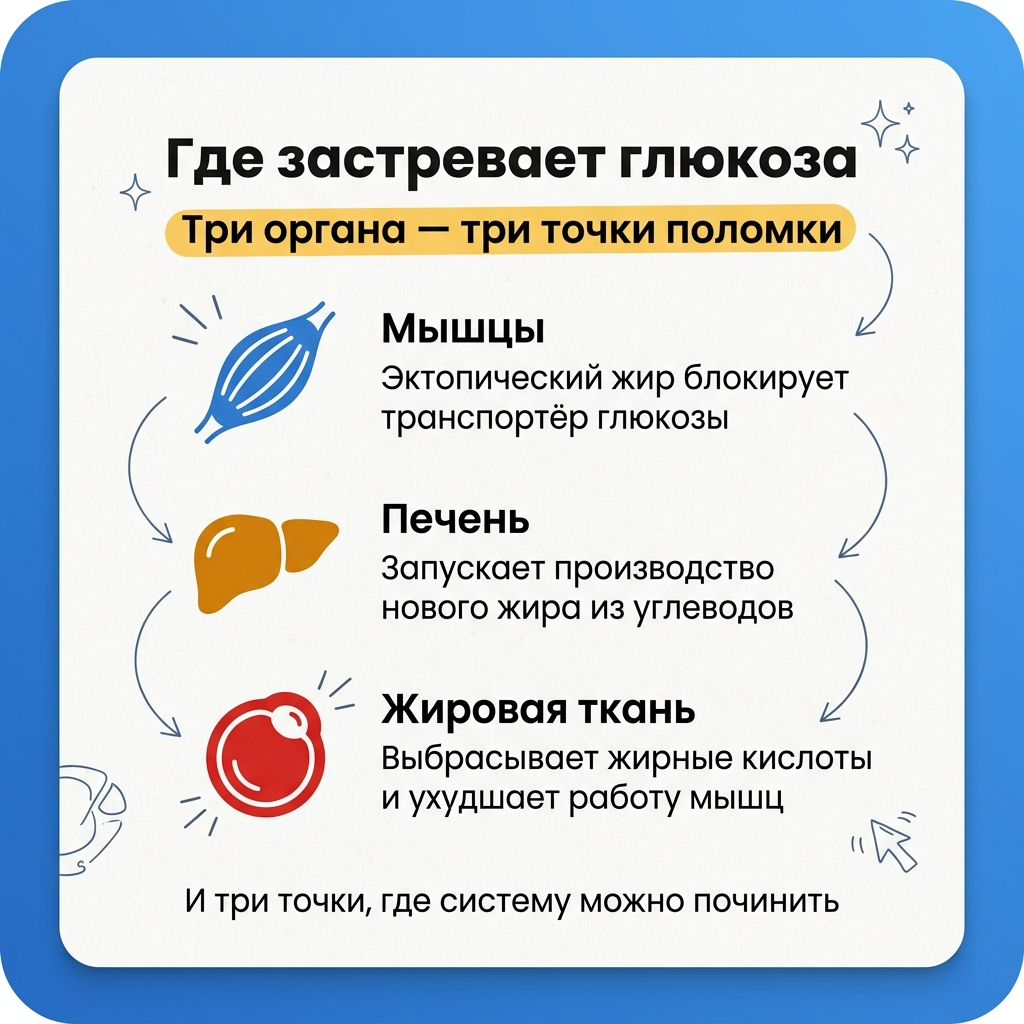 Три точки, где застревает глюкоза