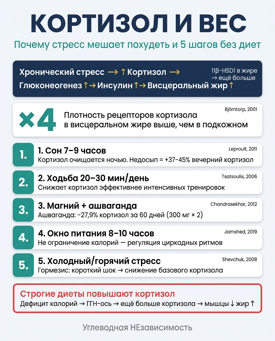 Инфографика: Почему кортизол не даёт вам похудеть: 5 шагов, которые работают без диет