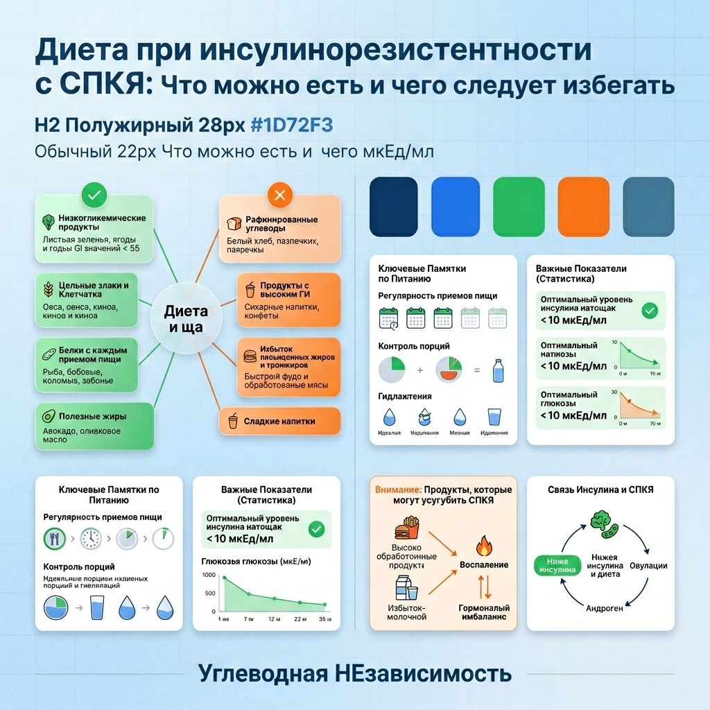 Инфографика: Диета при инсулинорезистентности с СПКЯ: Что можно есть и чего следует избегать