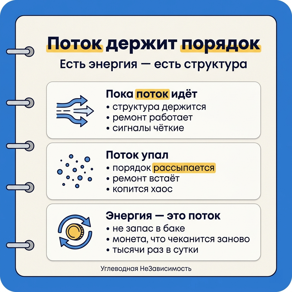 Пока энергия течёт — система держит порядок; падает поток — структура рассыпается