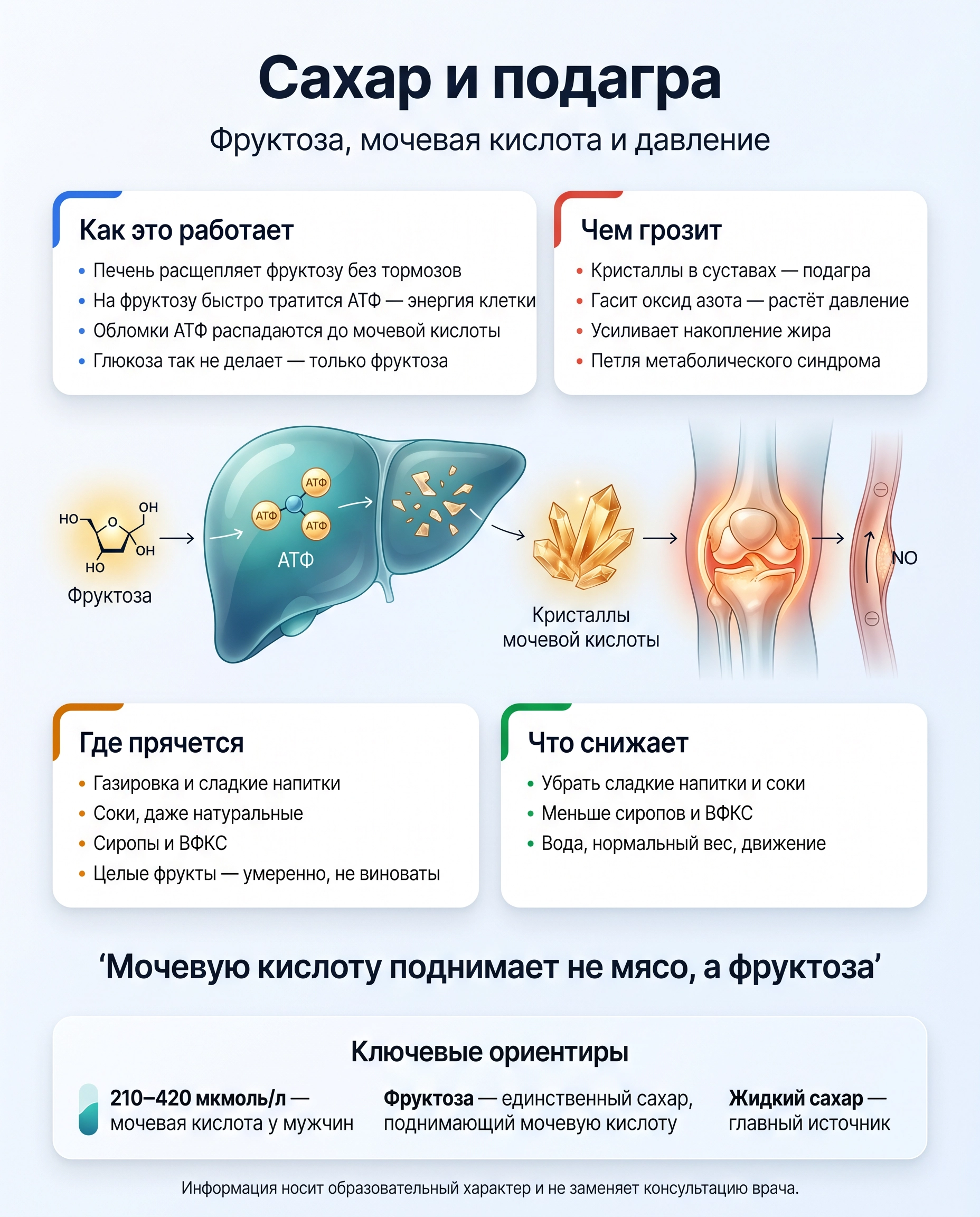 Сахар и подагра: как печень расщепляет фруктозу без тормозов, тратит АТФ и образует мочевую кислоту; чем это грозит и что снижает нагрузку