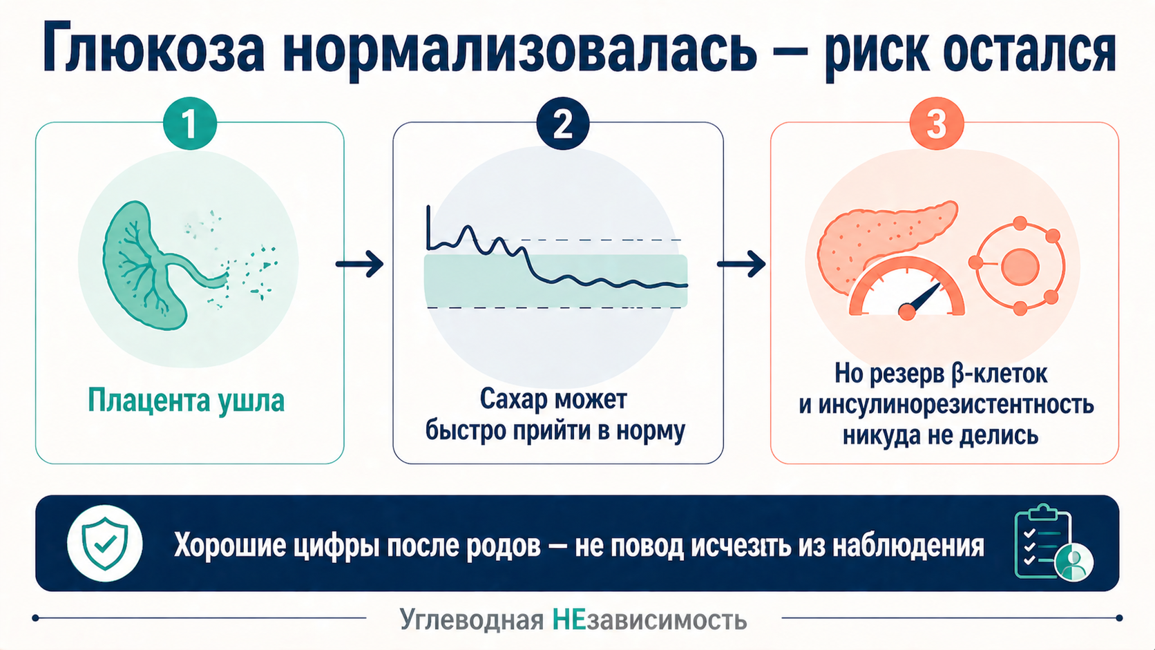 Глюкоза нормализовалась, но риск остался: плацента ушла, а ограниченный резерв бета-клеток и инсулинорезистентность никуда не делись