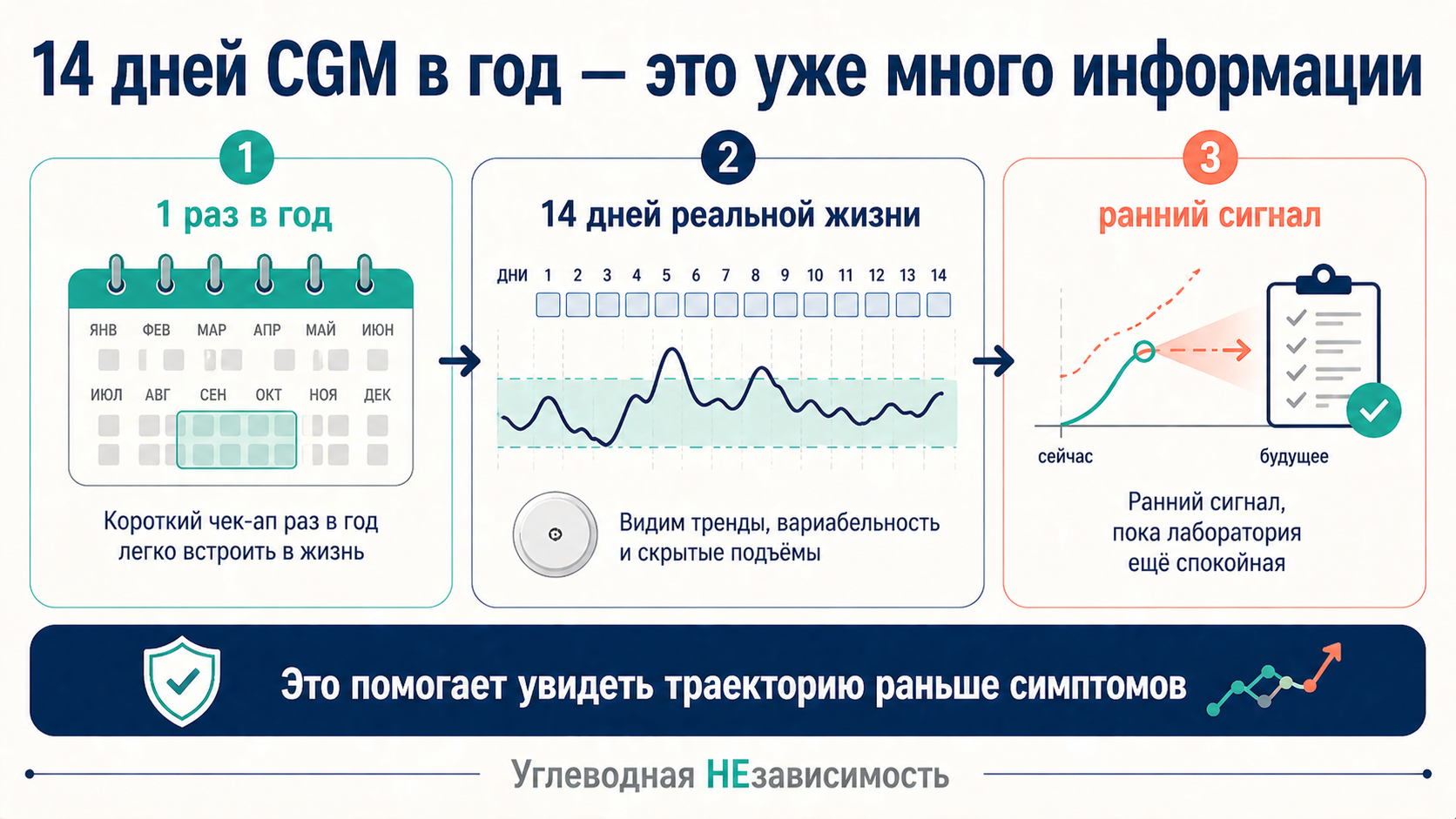 14 дней CGM в год — это уже много информации: ранний сигнал о плато и пиках до лабораторных сдвигов