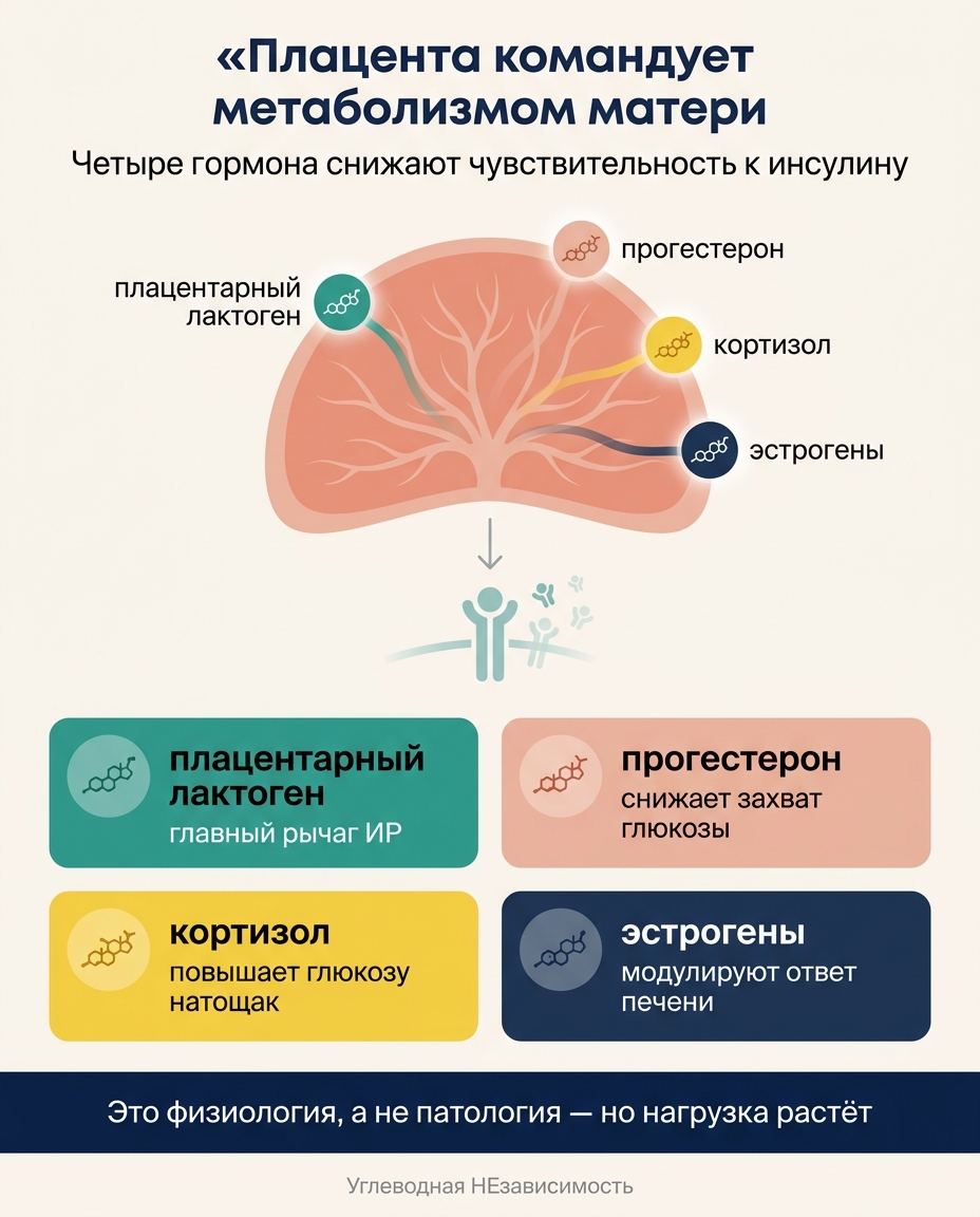Плацентарные гормоны: hPL, прогестерон, кортизол, эстрогены — снижают чувствительность тканей к инсулину