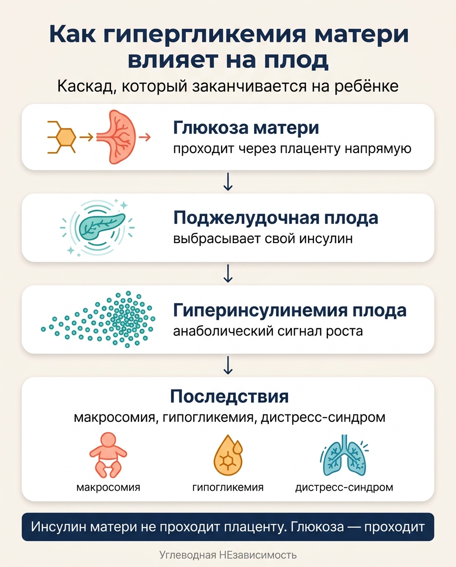 Каскад: глюкоза матери → плацента → инсулин плода → макросомия, гипогликемия, дистресс