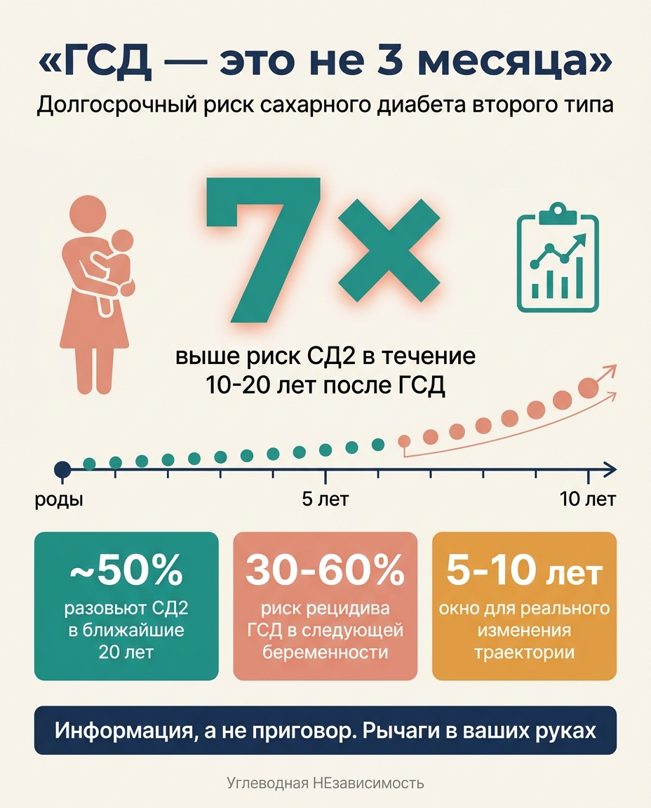 После ГСД риск СД2 выше в 7 раз в ближайшие 10-20 лет. Это окно для раннего вмешательства