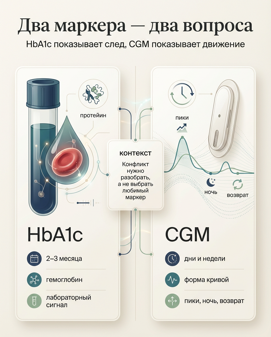 Два маркера — два вопроса: HbA1c показывает след, CGM показывает движение