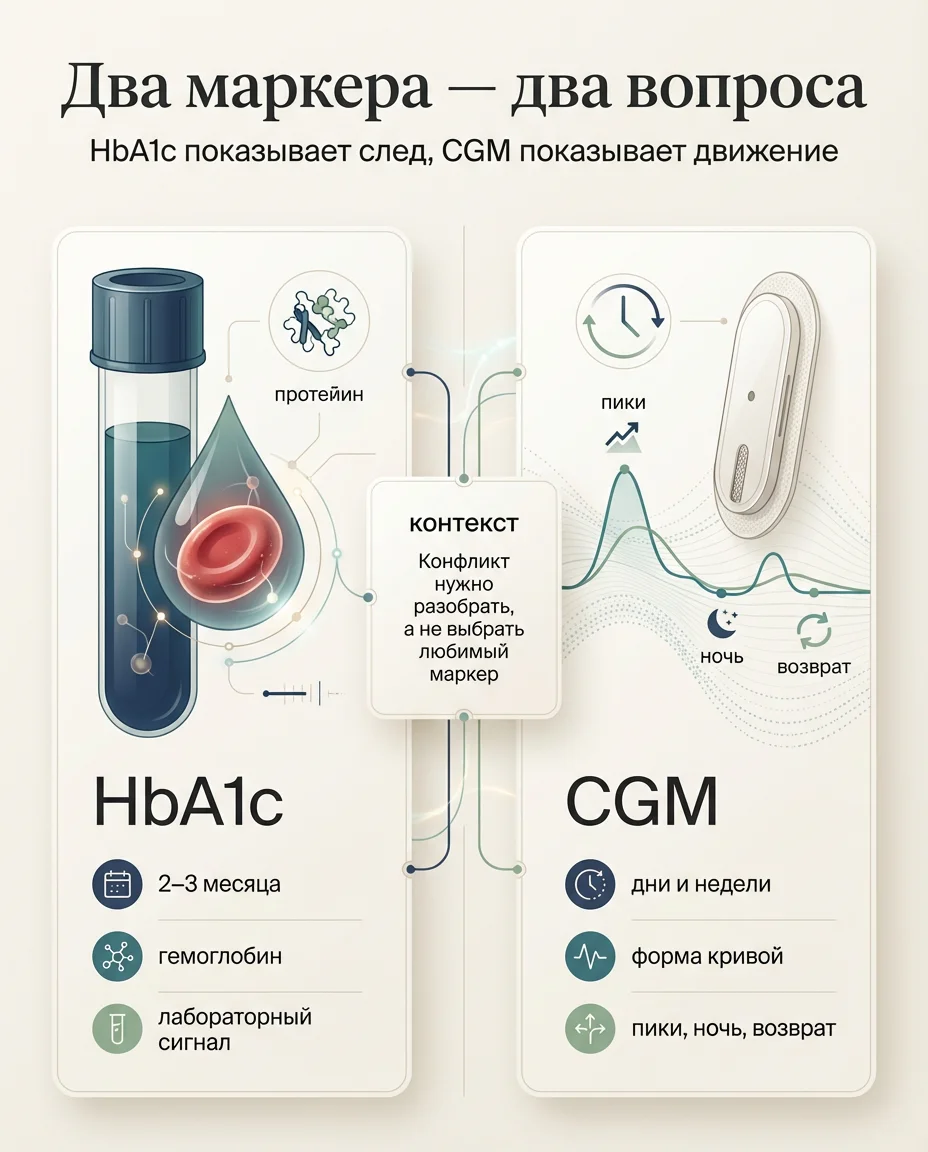 Инфографика: HbA1c высокий, CGM нормальный: кому верить