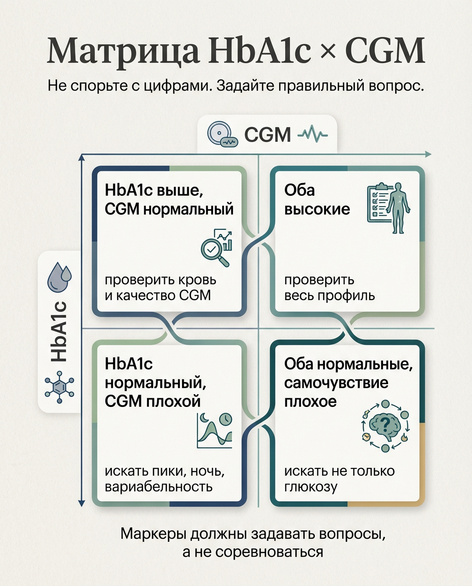 Матрица HbA1c × CGM: не спорьте с цифрами, задайте правильный вопрос