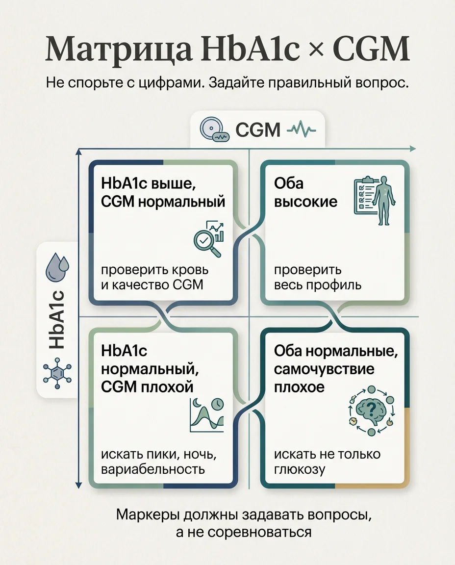 Инфографика: HbA1c высокий, CGM нормальный: кому верить