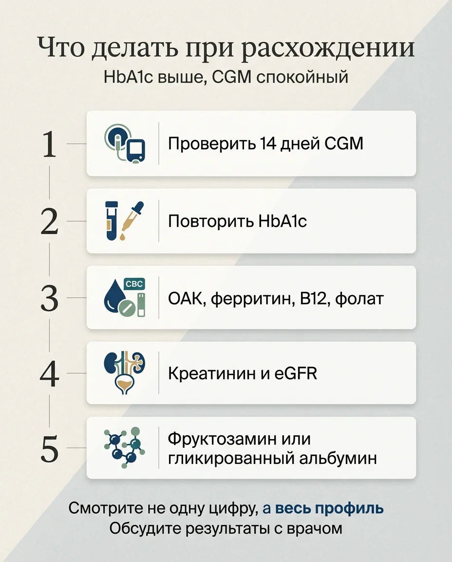 Инфографика: HbA1c высокий, CGM нормальный: кому верить