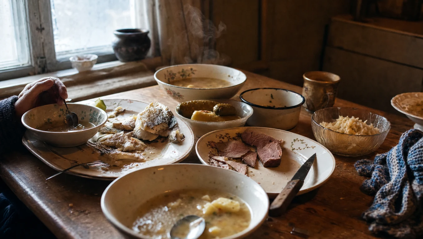 Обычный северный домашний стол с рыбой, мясом, бульоном и следами семейной трапезы