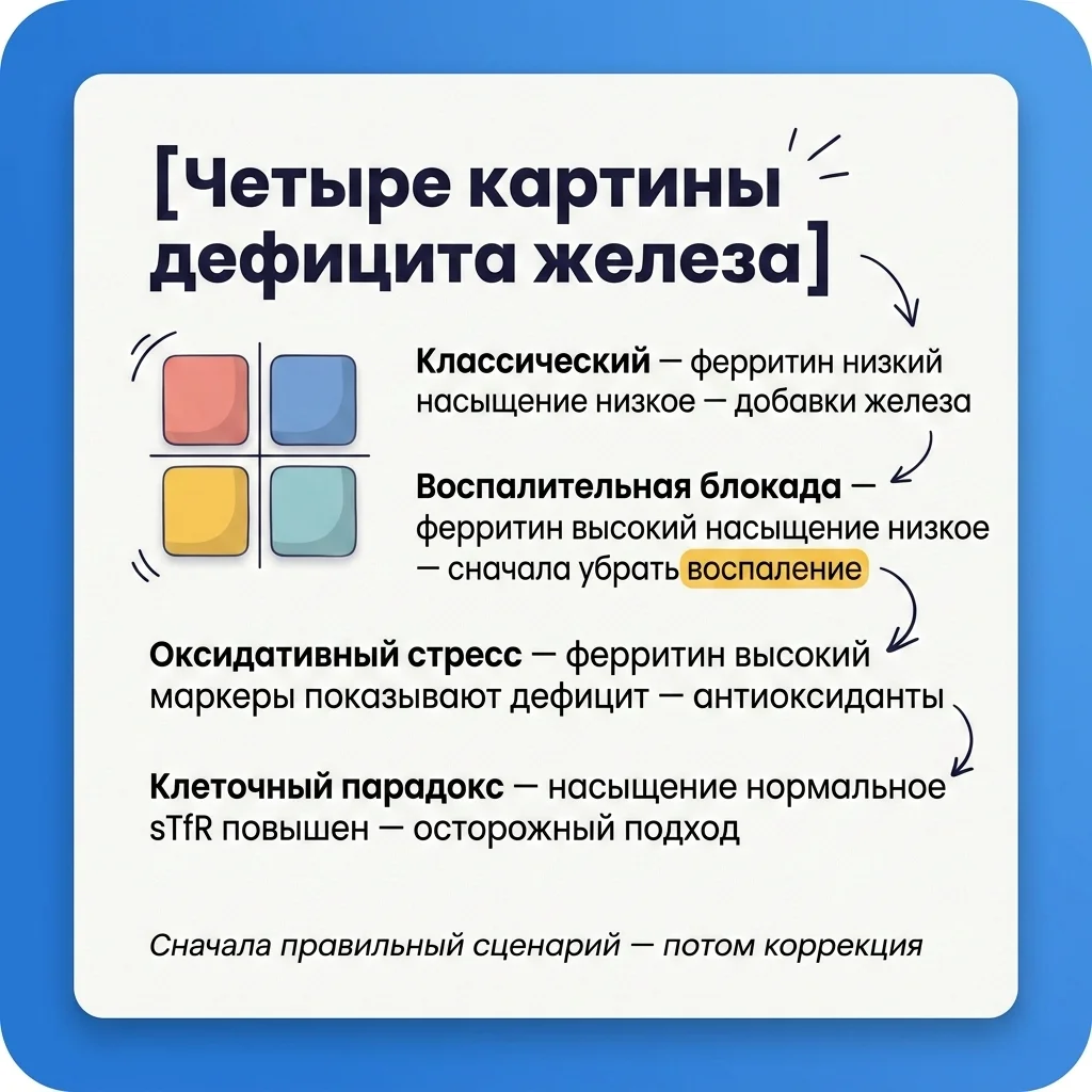 Инфографика: Ферритин врёт: какие анализы на самом деле показывают дефицит железа