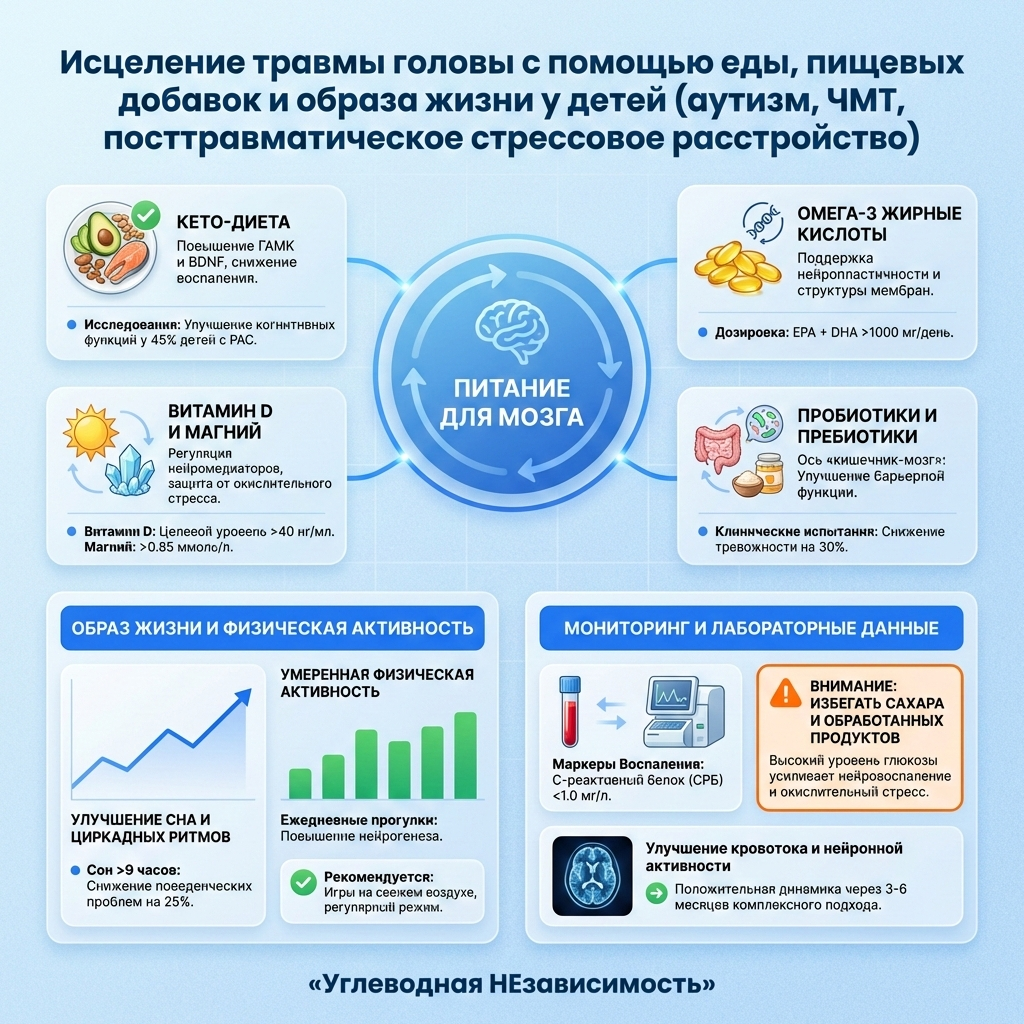 Инфографика: Исцеление травмы головы с помощью еды, пищевых добавок и образа жизни у детей (аутизм, ЧМТ, посттравматическое стрессовое расстройство)