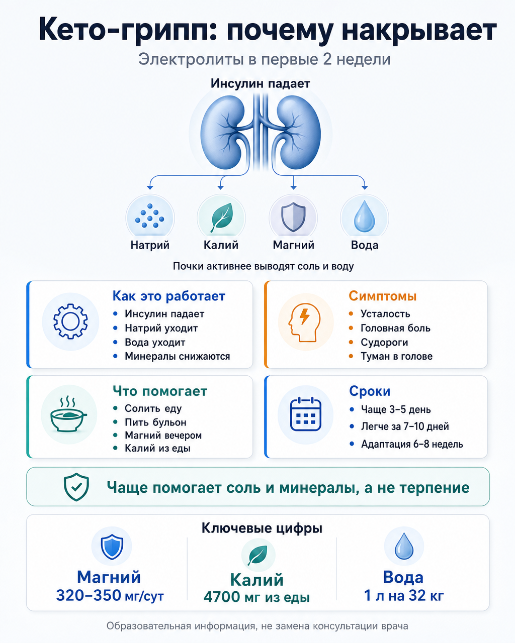 Кето-грипп и электролиты: при падении инсулина почки активнее выводят натрий, калий, магний и воду — отсюда усталость, головная боль и судороги; помогают соль, бульон и минералы
