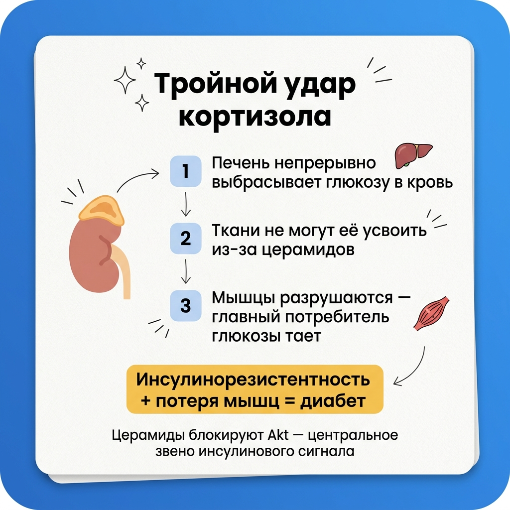 Тройной удар кортизола: печень выбрасывает глюкозу, ткани не усваивают, мышцы тают