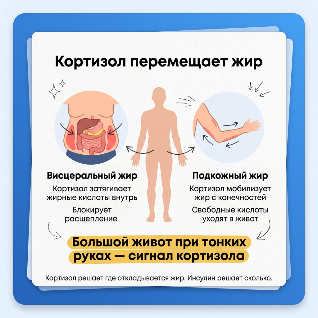 Кортизол перераспределяет жир: висцеральный растёт, подкожный уходит