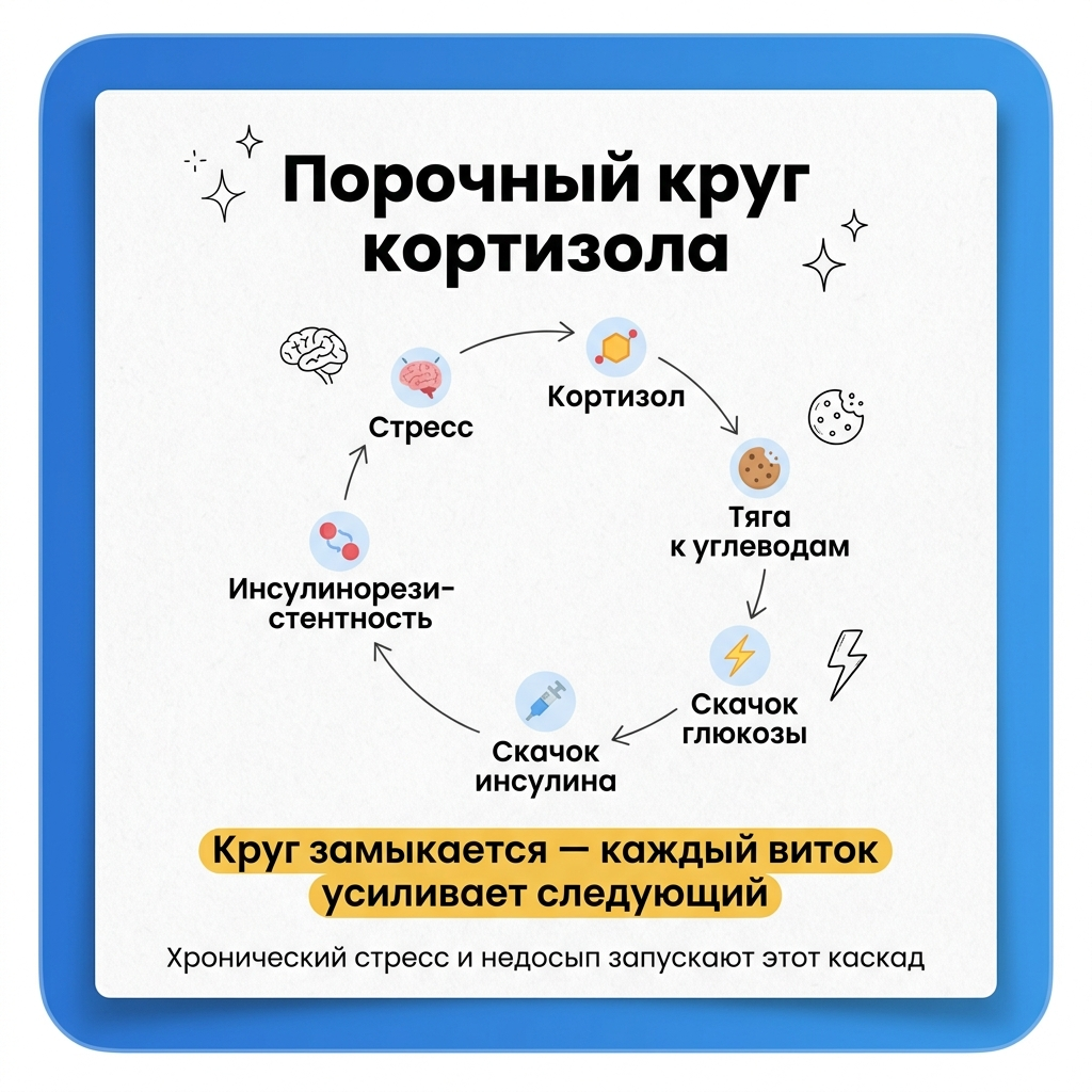 Порочный круг: стресс → кортизол → углеводы → глюкоза → инсулин → ИР → стресс