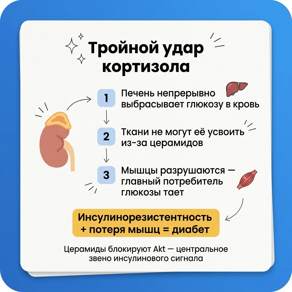 Инфографика: Кортизол и инсулинорезистентность: как гормон стресса перепрограммирует метаболизм жира