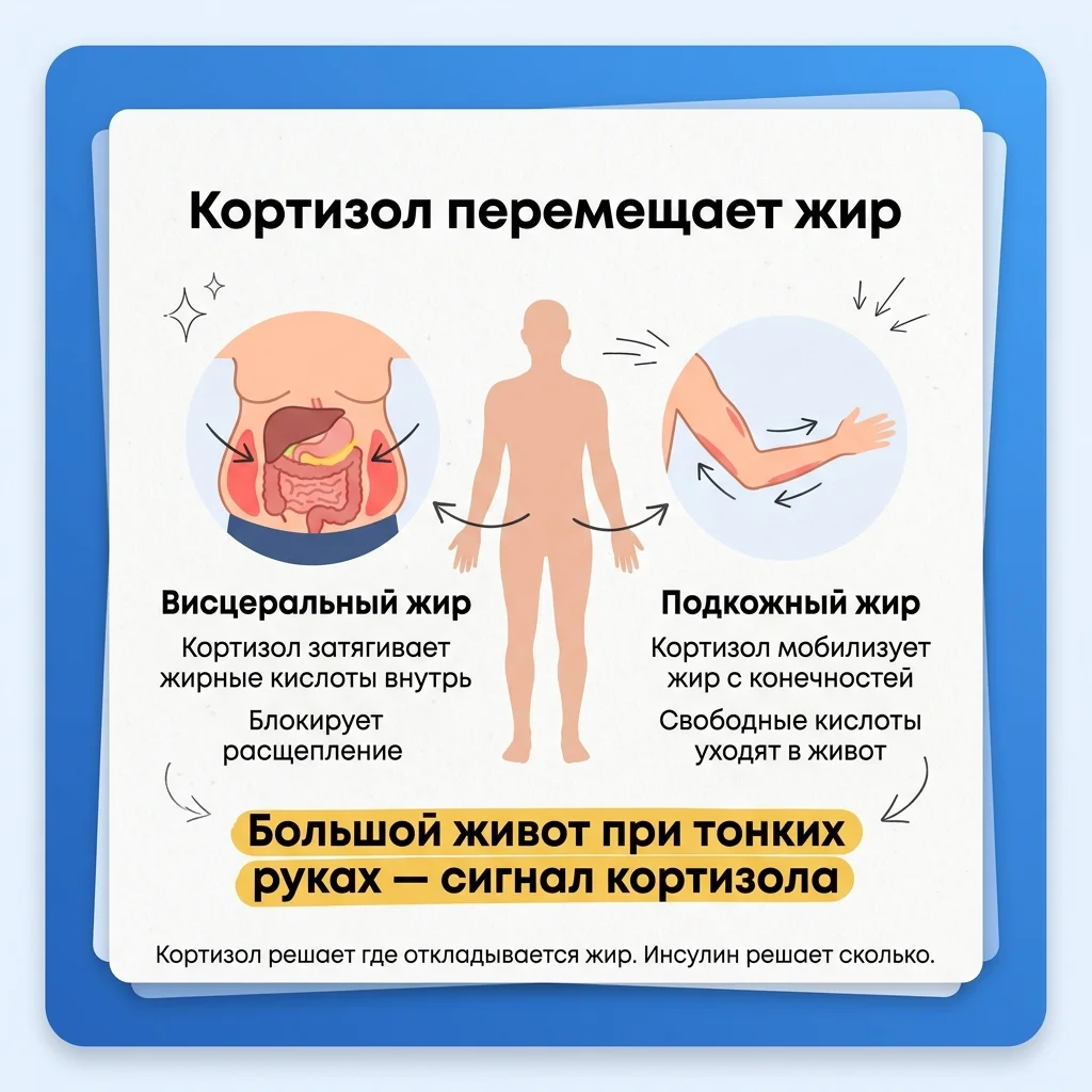 Инфографика: Кортизол и инсулинорезистентность: как гормон стресса перепрограммирует метаболизм жира