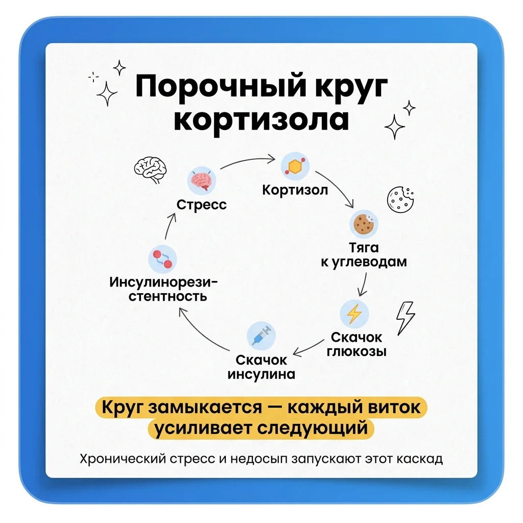 Инфографика: Кортизол и инсулинорезистентность: как гормон стресса перепрограммирует метаболизм жира