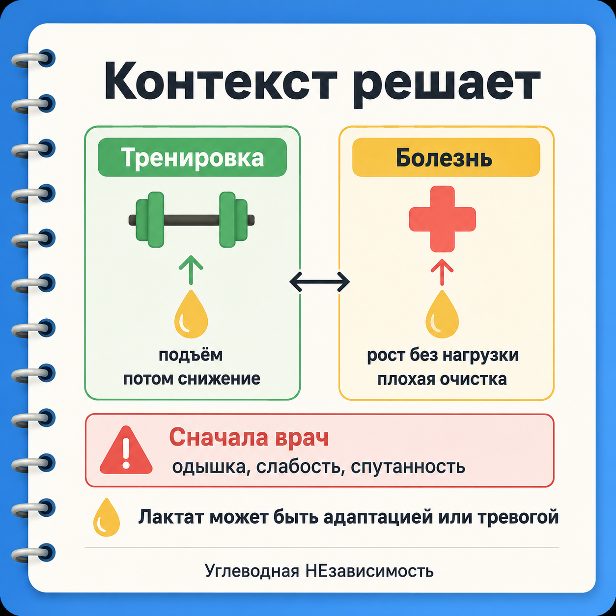 Контекст решает: на тренировке лактат может быть адаптацией, при болезни — тревожным маркером