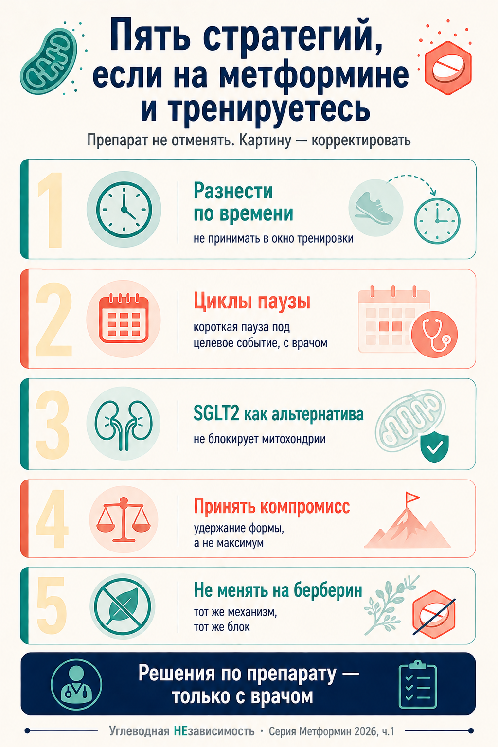 Пять стратегий, если на метформине и тренируетесь: разнести по времени, циклы паузы, SGLT2 как альтернатива, принять компромисс, не менять на берберин