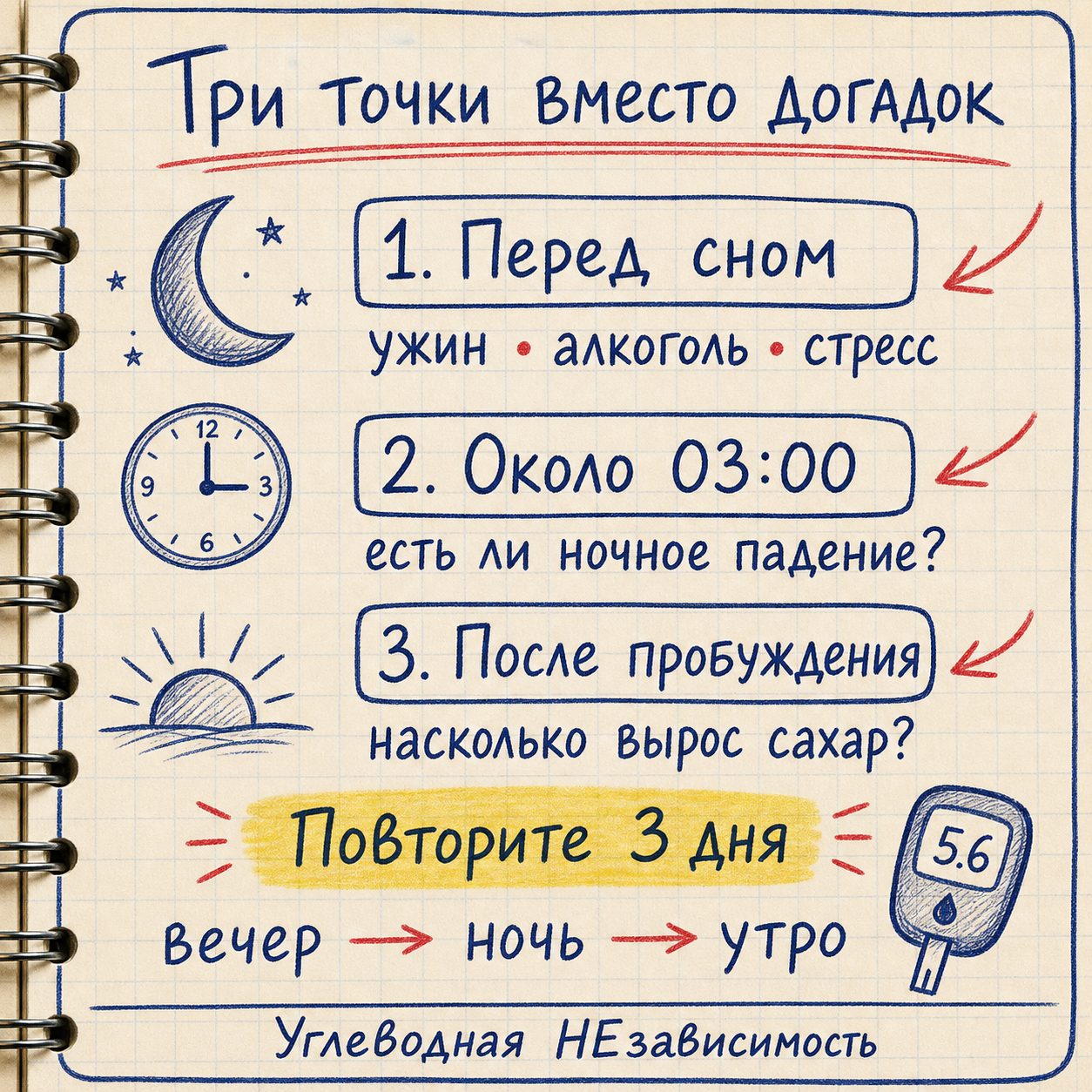 Три точки, которые помогают разобраться с утренней глюкозой