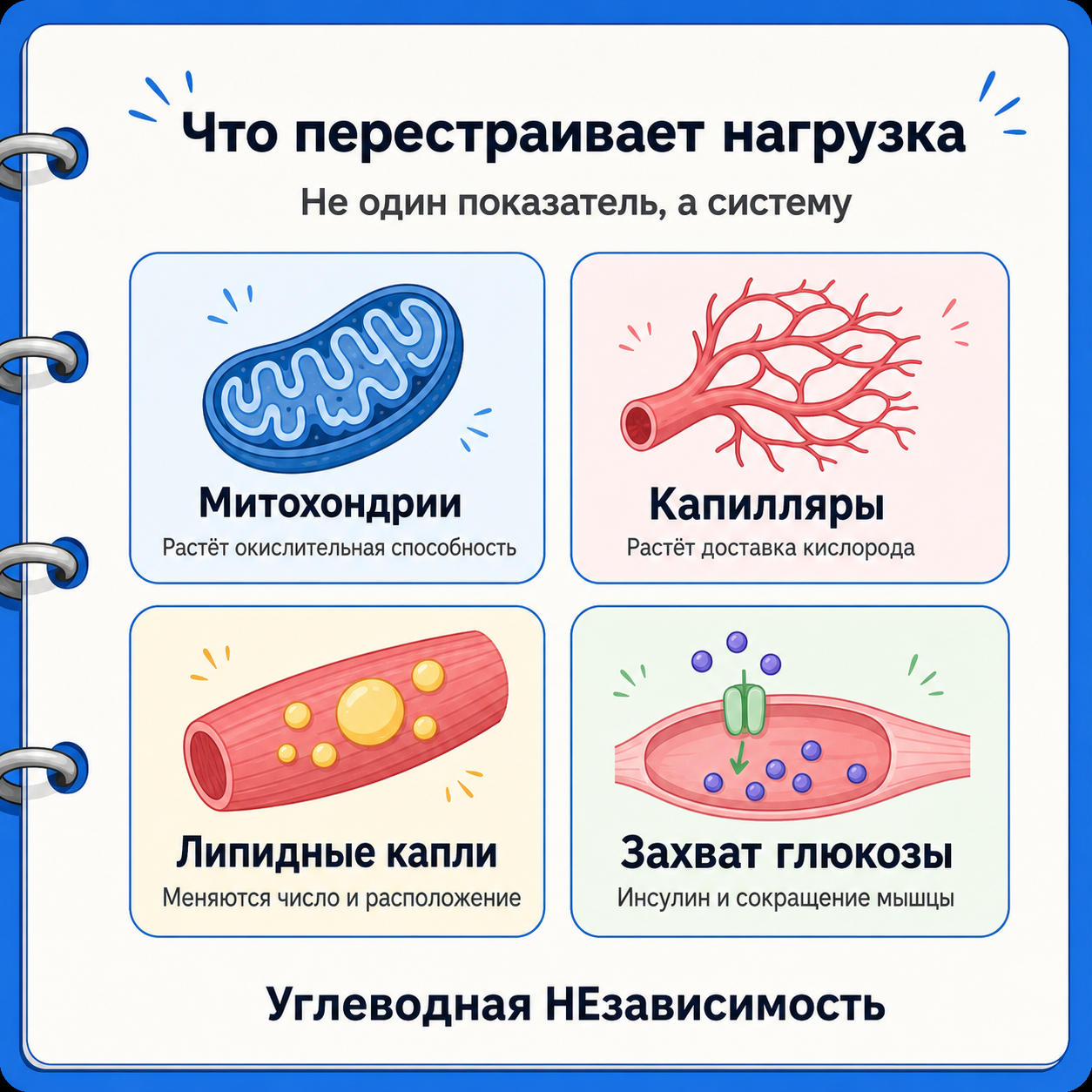 Регулярная нагрузка перестраивает митохондрии, капилляры, липидные капли и захват глюкозы