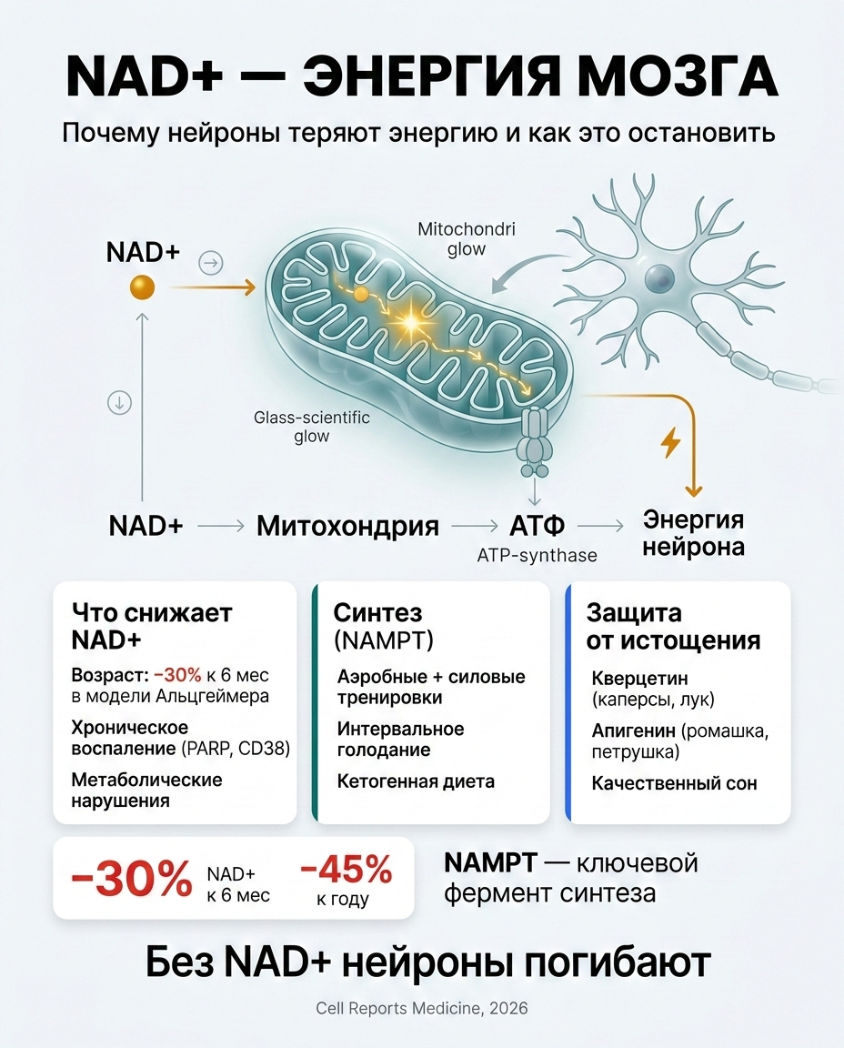 Инфографика: NAD+ и мозг: молекула, без которой нейроны умирают