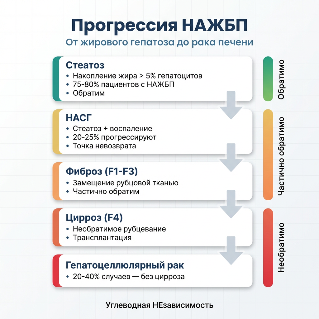 Прогрессия НАЖБП: от стеатоза к циррозу