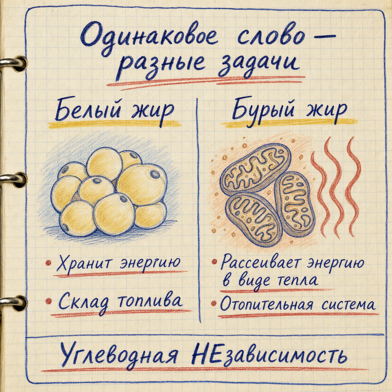 Бурый жир не хранит энергию, а рассеивает её в виде тепла