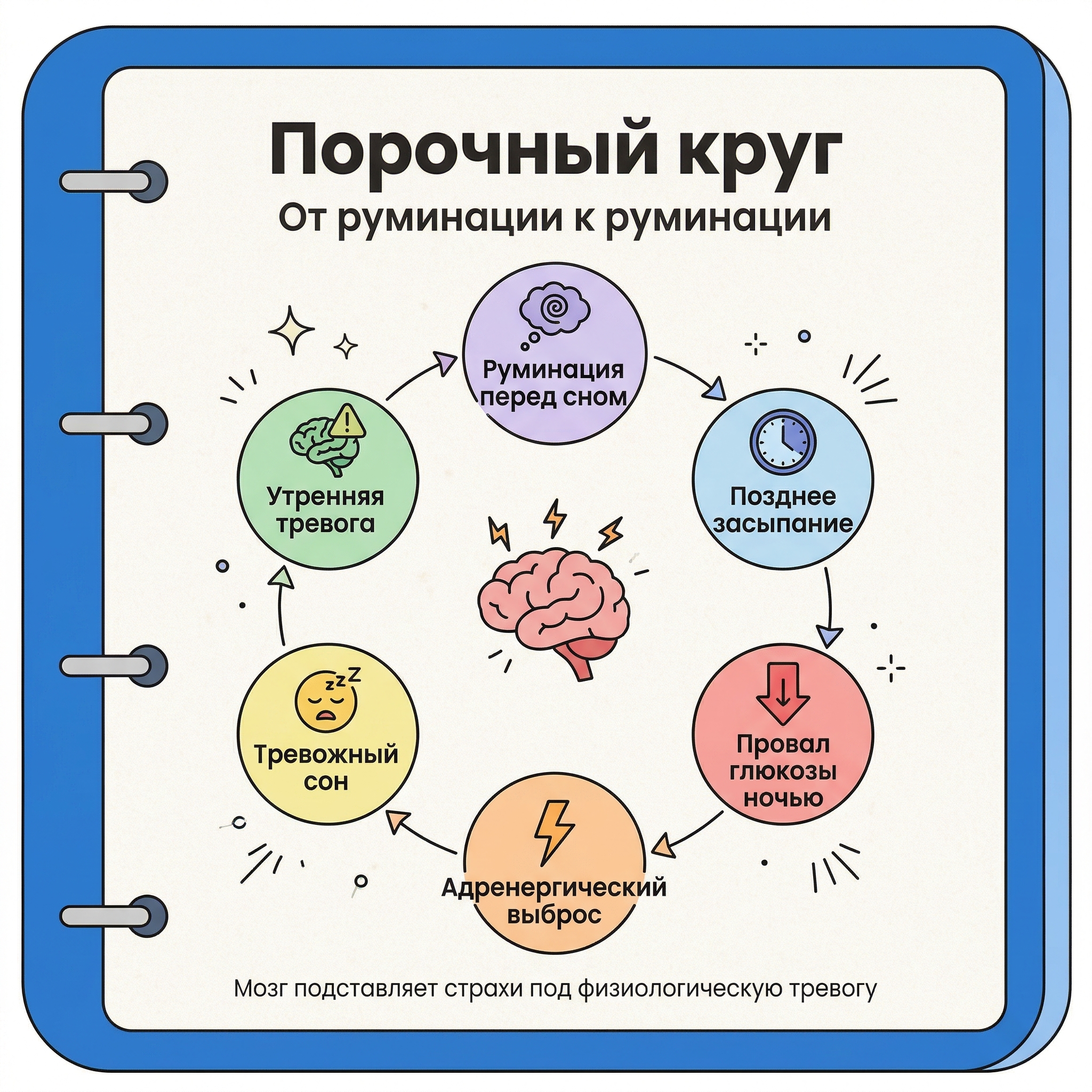 Инфографика: Мысленная жвачка, глюконеогенез и ночные провалы: что на самом деле происходит в мозге при руминации