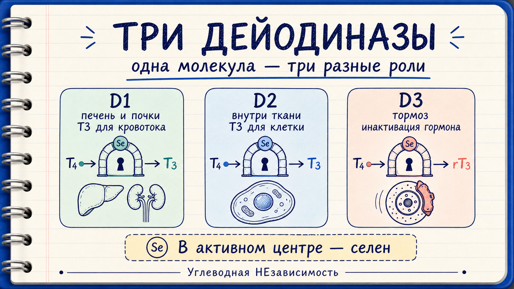 Три дейодиназы: D1 для кровотока, D2 для клетки, D3 для инактивации
