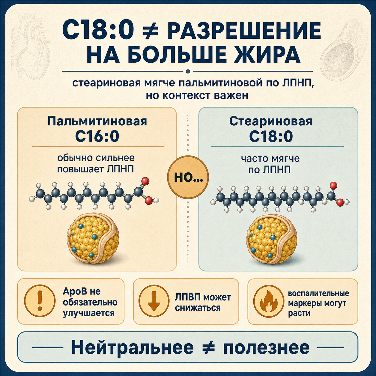 Стеариновая мягче пальмитиновой по ЛПНП, но нейтральнее ≠ полезнее