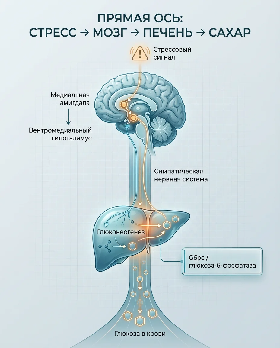Инфографика: Стресс буквально создаёт сахар: как мозг поднимает глюкозу без еды