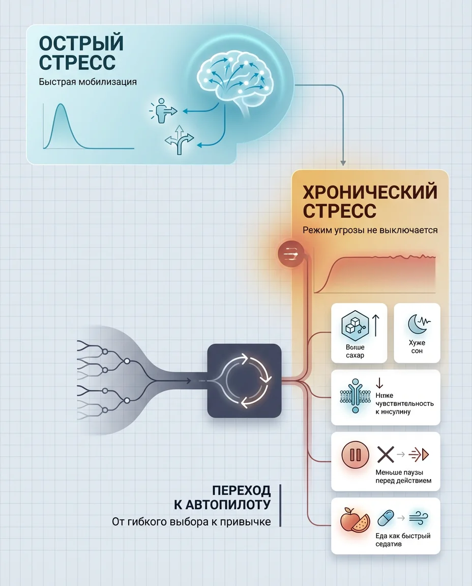 Инфографика: Стресс буквально создаёт сахар: как мозг поднимает глюкозу без еды